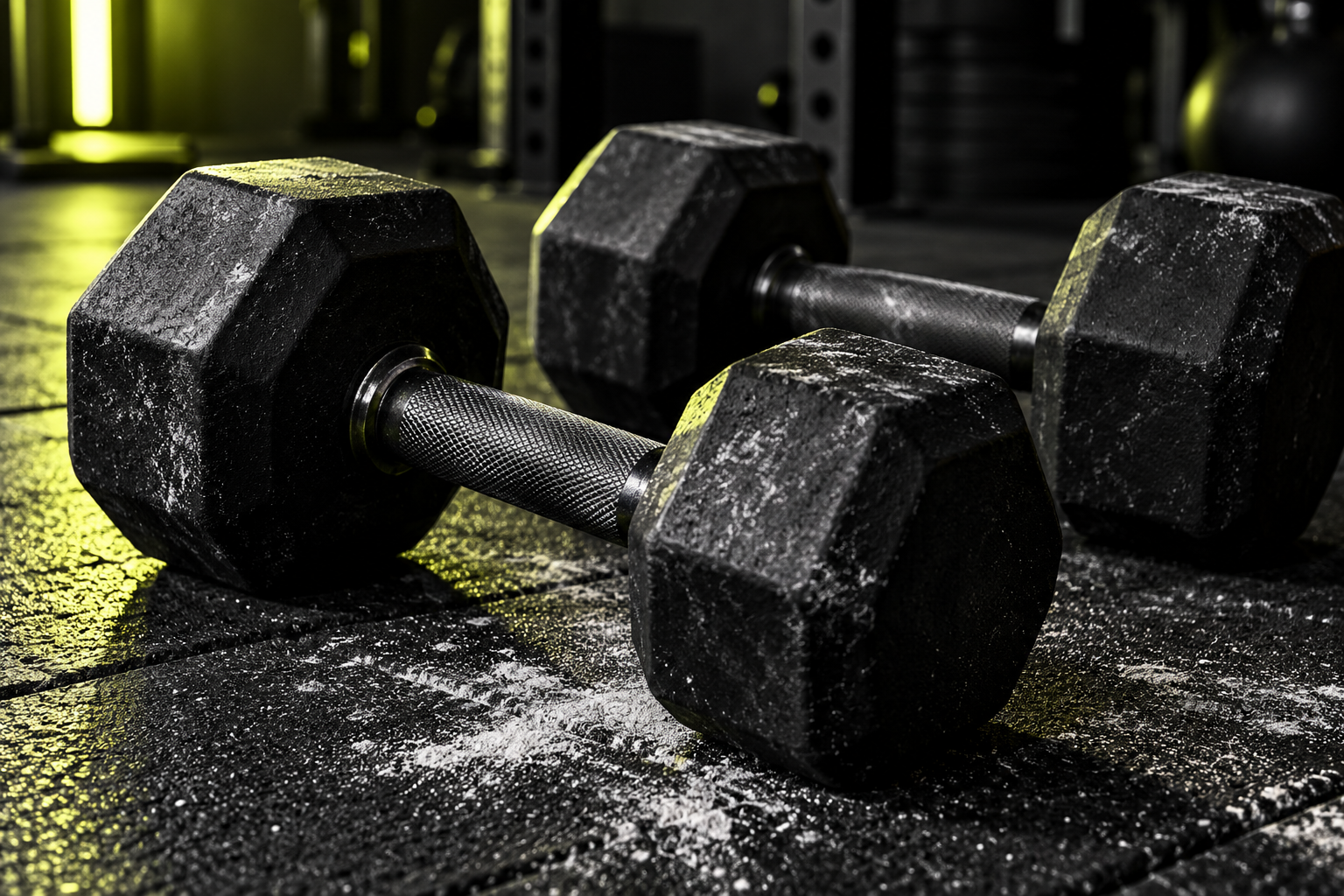 Mancuernas sobre el suelo de un gimnasio, imagen ambiental